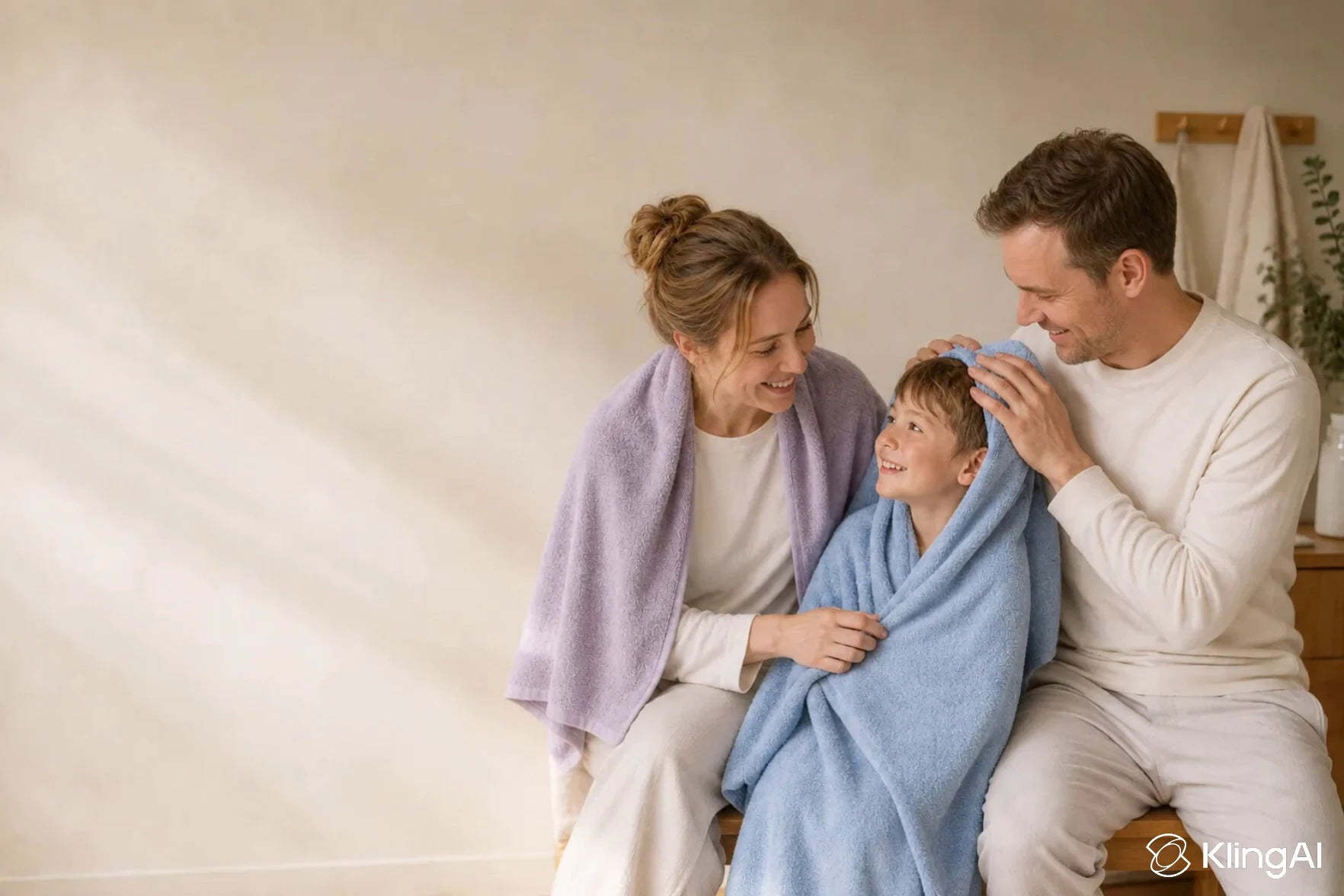 A family sharing a happy moment with lavender and blue bath towels — campaign concept