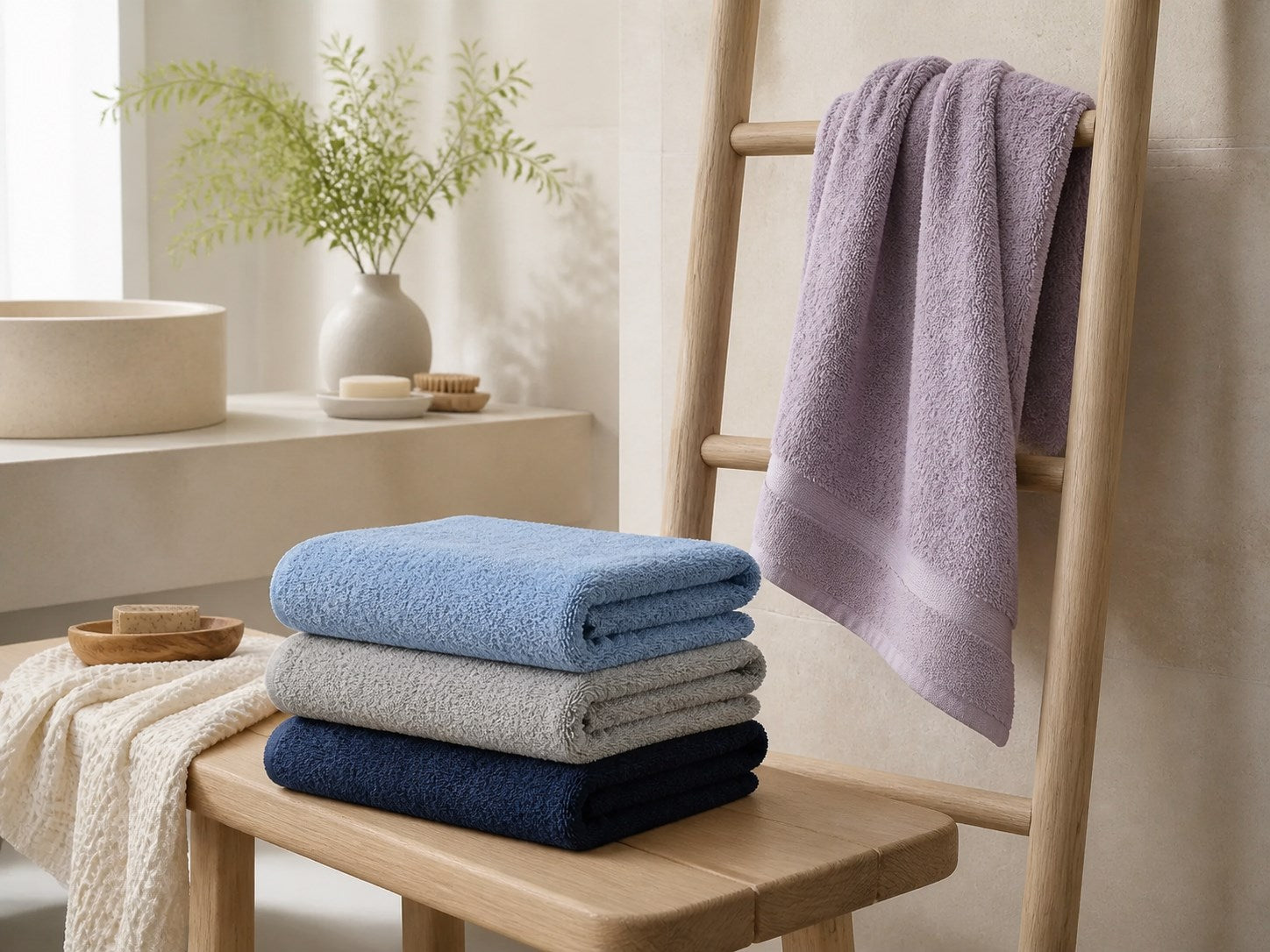 A calm bathroom styled with lavender, blue and navy towels