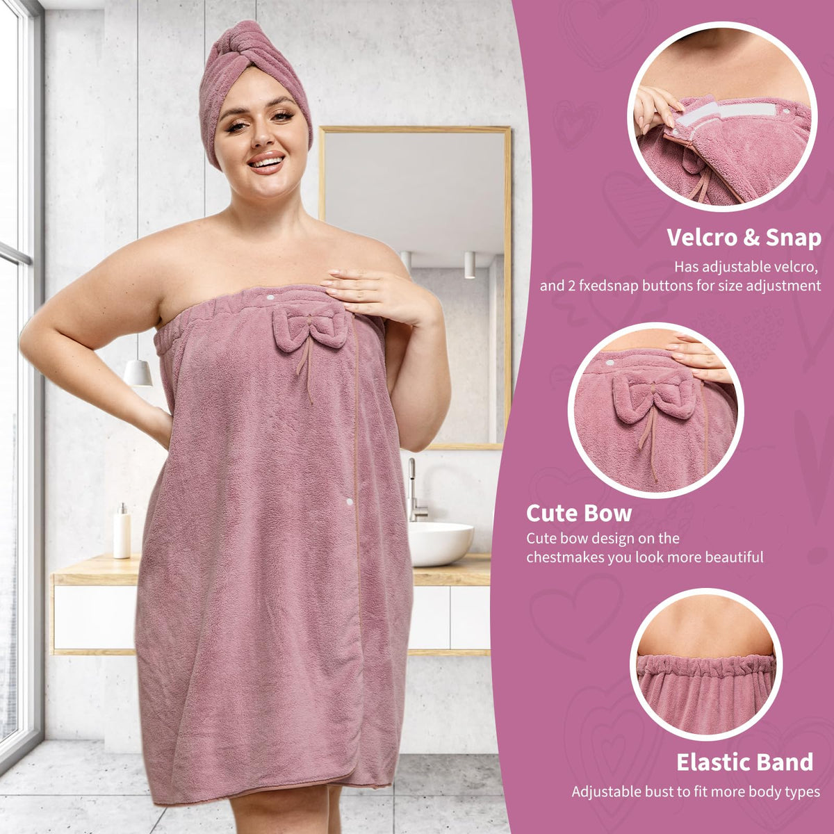 SEISSO Ultra-Soft, Quick-Drying Plus Size Bath Towel & Hair Towel Set – Adjustable Shower & Spa Wrap for Women