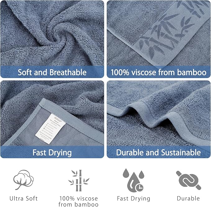 SEISSO 4-Pack XL Bamboo Hand Towels – Blue & Cyan Gray, 6pcs/pack, Ultra-Soft, Durable, Fast-Absorbing, Quick-Dry, 13x29"