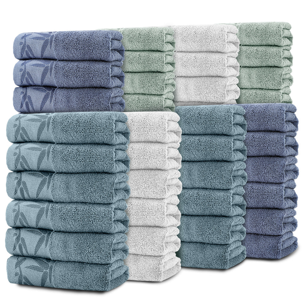 SEISSO 8-Pack XL Bamboo Hand Towels – Blue, Cyan Gray, Green & Gray, 6pcs/pack, Ultra-Soft, Durable, Fast-Absorbing, Quick-Dry, 13x29"