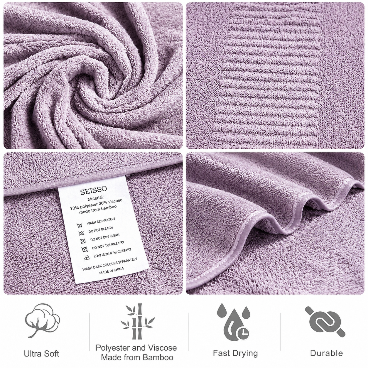 SEISSO 8-Piece XL Bath Towels – Dark Purple, Purple, Grey & Light Blue, Ultra-Soft, Durable, Fast-Absorbing, Quick-Dry, 35×63"