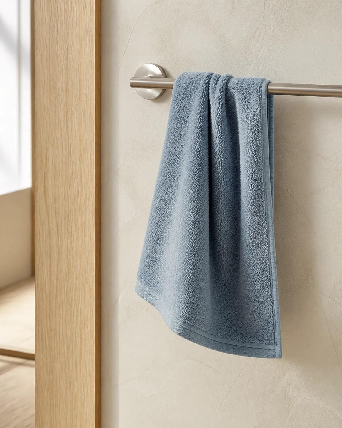 Blue hand towel in warm natural light — styling concept