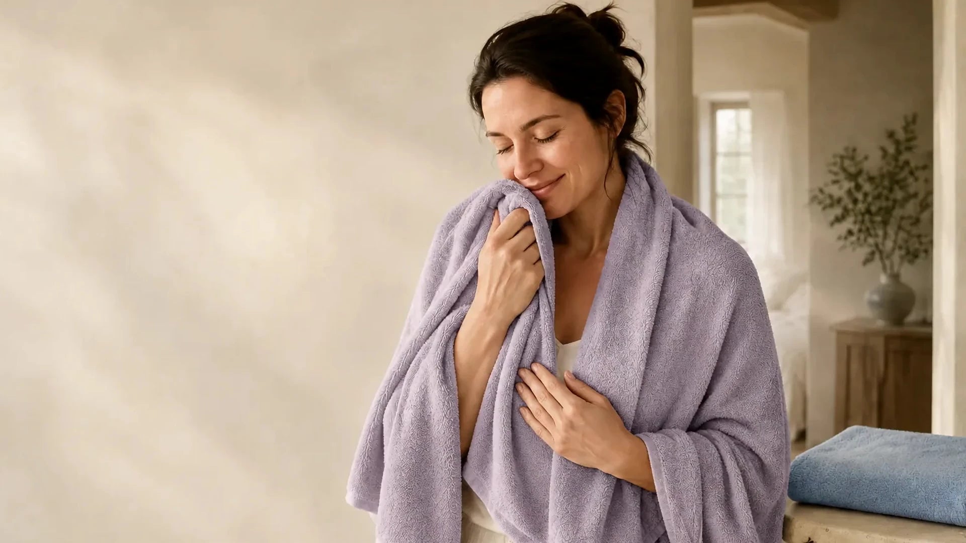A woman wrapped in a lavender bath towel in a softly lit bathroom — campaign concept